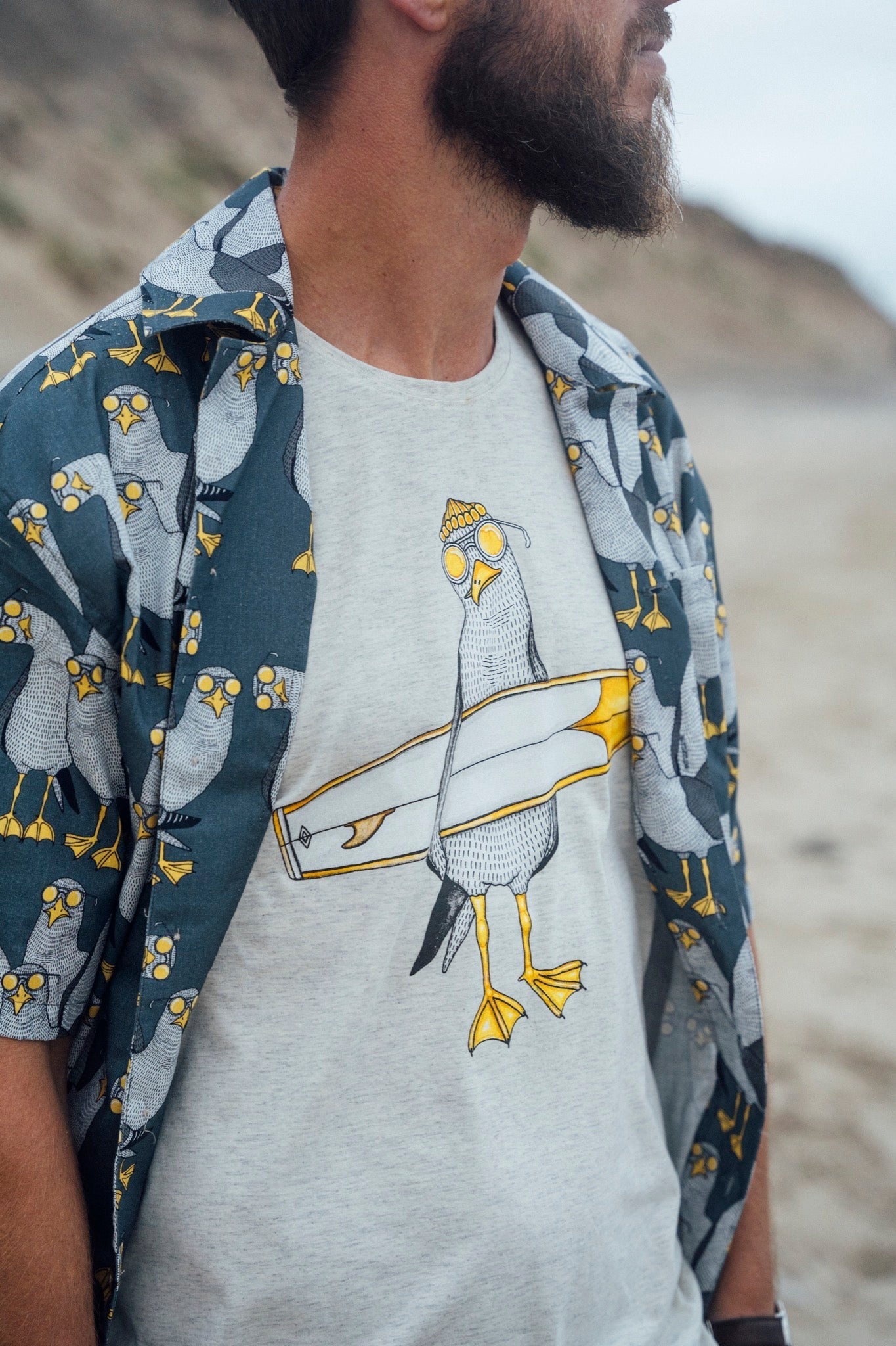 Surfing Seagull T-shirt (Oatmeal melange) 