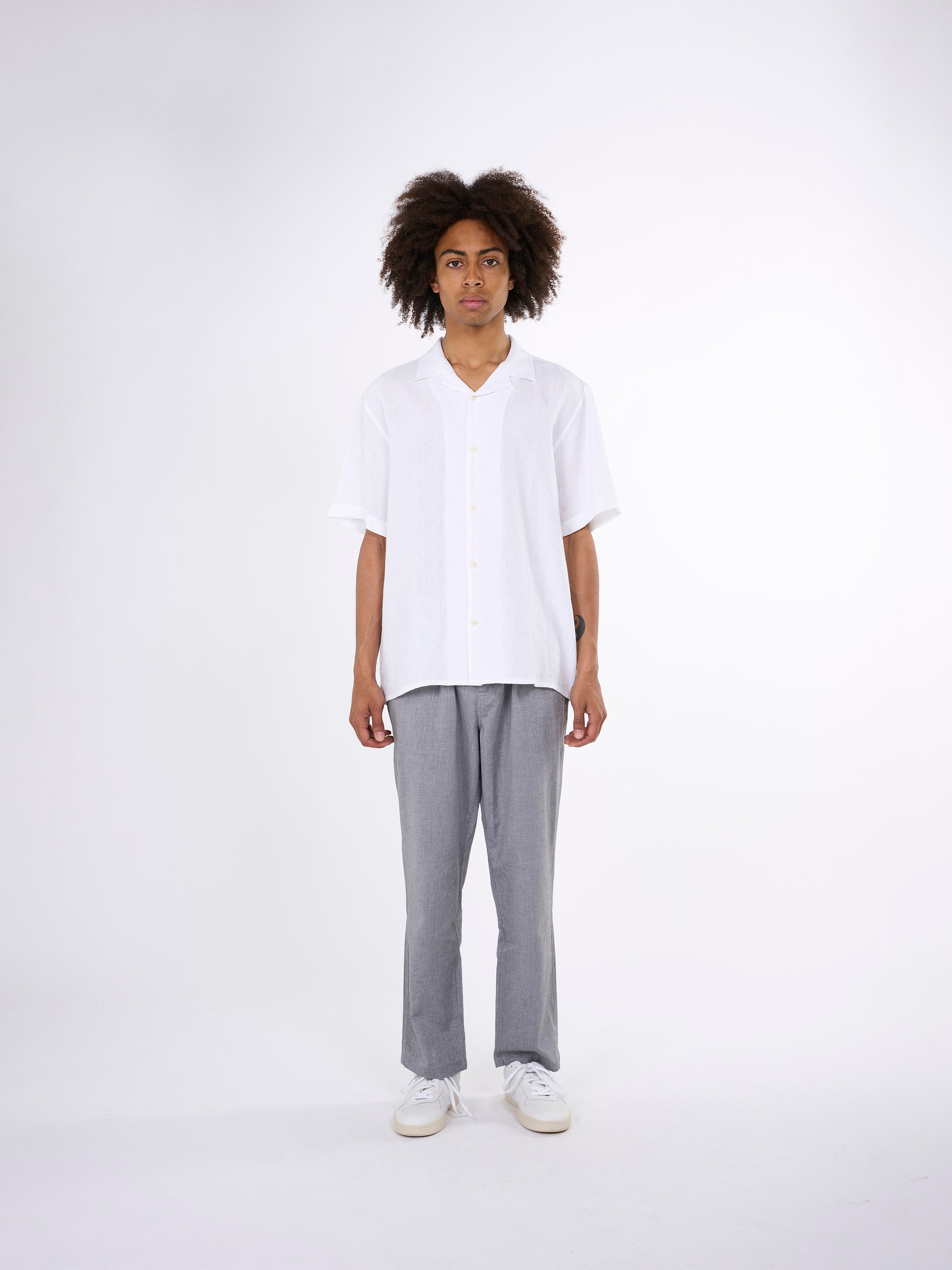 KnowledgeCotton Apparel - Box fit short sleeved linen shirt GOTS/Vegan - Bright White